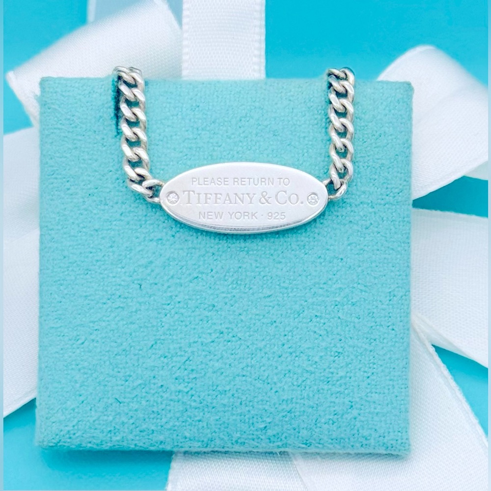 Tiffany & Co. SS Retired RTT Two Diamond Oval ID Necklace 15.75” VGUC